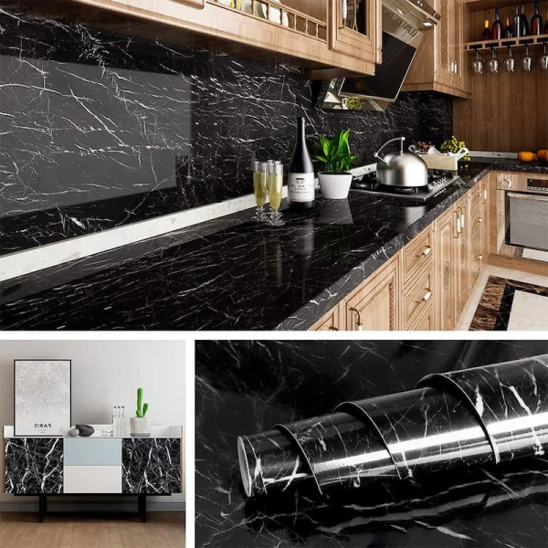 Self-adhesive Kitchen Marble Sheet- Waterproof Heat Resistant Sheet For Living Room, Bathroom, Kitchen Countertops, Wall – Anti Oil And Heat Resistant Wallpaper Black Sheet ( 60 X 200 Cm )